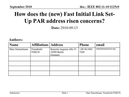 Doc.: IEEE 802.11-10/1125r0 Submission September 2010 Marc Emmelmann, Fraunhofer FOKUSSlide 1 How does the (new) Fast Initial Link Set- Up PAR address.