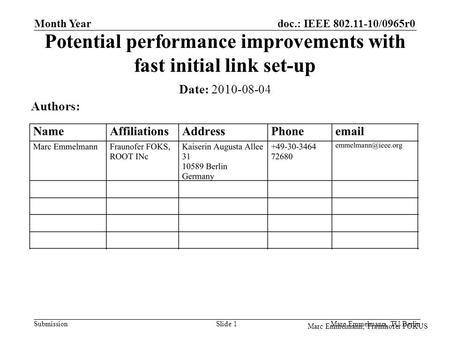 Doc.: IEEE 802.11-10/0965r0 Submission Marc Emmelmann, Fraunhofer FOKUS Month Year Marc Emmelmann, TU Berlin Slide 1 Potential performance improvements.