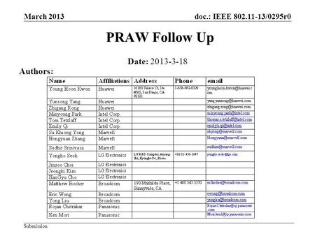 Doc.: IEEE 802.11-13/0295r0 Submission PRAW Follow Up Date: 2013-3-18 Authors: March 2013.