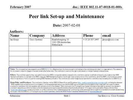 Doc.: IEEE 802.11-07-0018-01-000s Submission February 2007 Jan Kruys e.a. Cisco SystemsSlide 1 Peer link Set-up and Maintenance Notice: This document has.