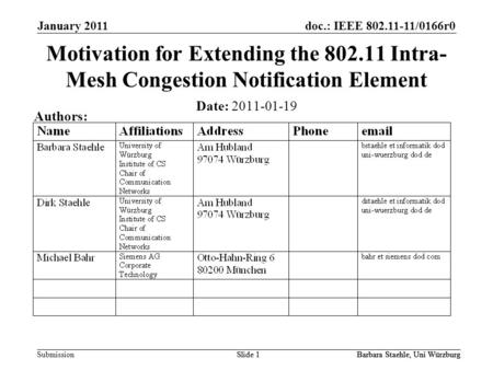 Submission doc.: IEEE 802.11-11/0166r0January 2011 Barbara Staehle, Uni WürzburgSlide 1Barbara Staehle, Uni WürzburgSlide 1Barbara Staehle, Uni Würzburg.