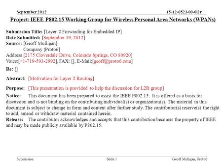 15-12-0523-00-0l2r Submission September 2012 Geoff Mulligan, Proto6 Slide 1 Project: IEEE P802.15 Working Group for Wireless Personal Area Networks (WPANs)