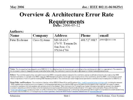 Doc.: IEEE 802.11-06/0635r1 Submission May 2006 Peter Ecclesine, Cisco SystemsSlide 1 Overview & Architecture Error Rate Requirements Notice: This document.