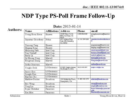 Doc.: IEEE 802.11-13/0074r0 Submission NDP Type PS-Poll Frame Follow-Up Date: 2013-01-14 Authors: Slide 1Young Hoon Kwon, Huawei.