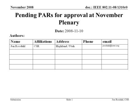 Doc.: IEEE 802.11-08/1310r0 Submission November 2008 Jon Rosdahl, CSRSlide 1 Pending PARs for approval at November Plenary Date: 2008-11-10 Authors: