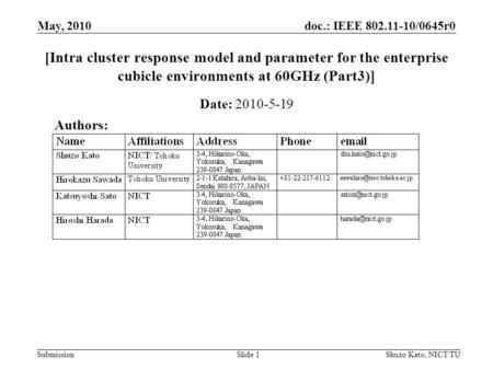 Doc.: IEEE 802.11-10/0645r0 Submission May, 2010 Shuzo Kato, NICT/TUSlide 1 [Intra cluster response model and parameter for the enterprise cubicle environments.