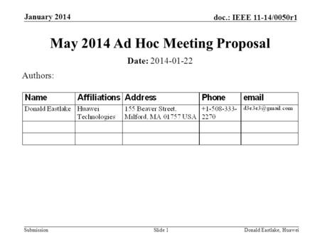 Submission doc.: IEEE 11-14/0050r1 January 2014 Donald Eastlake, HuaweiSlide 1 May 2014 Ad Hoc Meeting Proposal Date: 2014-01-22 Authors: