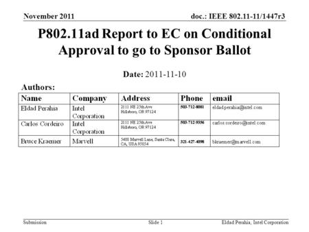 Doc.: IEEE 802.11-11/1447r3 Submission November 2011 Eldad Perahia, Intel CorporationSlide 1 Date: 2011-11-10 Authors: P802.11ad Report to EC on Conditional.