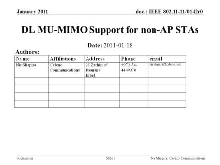 Doc.: IEEE 802.11-11/0142r0 Submission January 2011 Nir Shapira, Celeno Communications DL MU-MIMO Support for non-AP STAs Date: 2011-01-18 Authors: Slide.