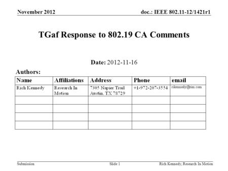 Doc.: IEEE 802.11-12/1421r1 Submission November 2012 Rich Kennedy, Research In MotionSlide 1 TGaf Response to 802.19 CA Comments Date: 2012-11-16 Authors: