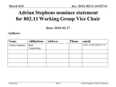 Doc.: IEEE 802.11-10/0227r0 Submission March 2010 Adrian Stephens, Intel CorporationSlide 1 Adrian Stephens nominee statement for 802.11 Working Group.