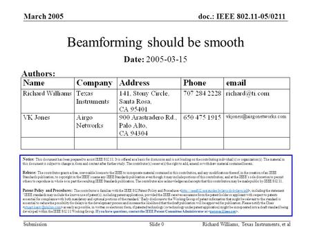 Doc.: IEEE 802.11-05/0211 Submission March 2005 Richard Williams, Texas Instruments, et alSlide 0 Beamforming should be smooth Notice: This document has.