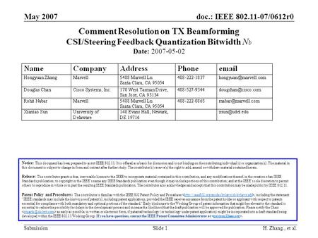 Doc.: IEEE 802.11-07/0612r0 Submission May 2007 H. Zhang., et al.Slide 1 Comment Resolution on TX Beamforming CSI/Steering Feedback Quantization Bitwidth.