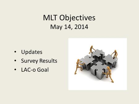 MLT Objectives May 14, 2014 Updates Survey Results LAC-o Goal.