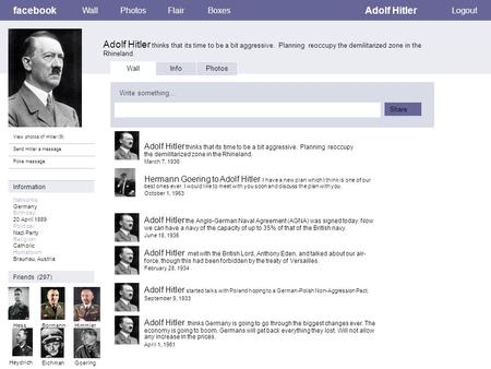 Facebook Adolf Hitler thinks that its time to be a bit aggressive. Planning reoccupy the demilitarized zone in the Rhineland. WallPhotosFlairBoxes Adolf.