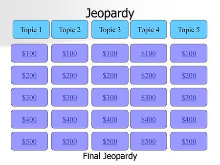 Jeopardy Final Jeopardy Topic 1 Topic 2 Topic 3 Topic 4 Topic 5 $100