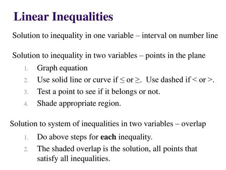 Linear Inequalities Solution to inequality in one variable – interval on number line Solution to inequality in two variables – points in the plane Graph.