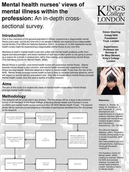 Mental health nurses’ views of mental illness within the profession: An in-depth cross-sectional survey. Simon Sherring Oxleas NHS Foundation Trust, London.