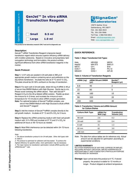 Transfection Reagent GenJet™ In vitro siRNA Small 0.5 ml Large 1.0 ml