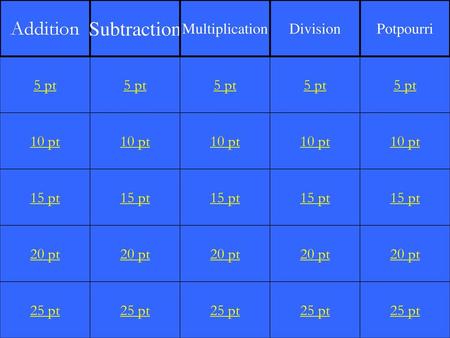 Addition Subtraction Multiplication Division Potpourri 5 pt 5 pt 5 pt