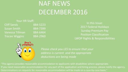 NAF NEWS DECEMBER 2016 Your HR Staff: Cliff Sands