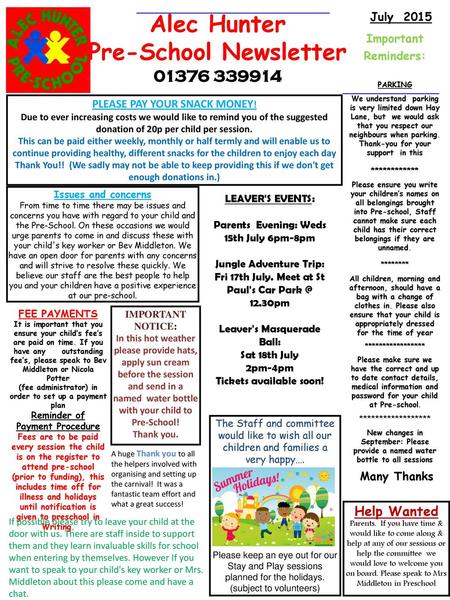 Pre-School Newsletter Thank-you for your support in this