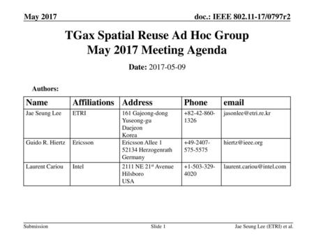 TGax Spatial Reuse Ad Hoc Group May 2017 Meeting Agenda