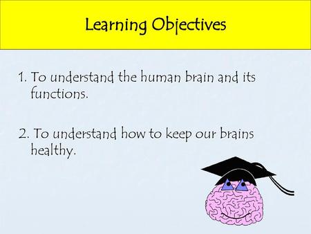 Learning Objectives 1. To understand the human brain and its functions. 2. To understand how to keep our brains healthy.