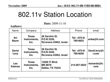 802.11v Station Location Date: Authors: November 2009 Name