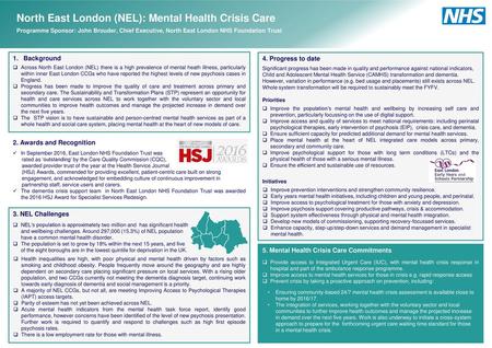 North East London (NEL): Mental Health Crisis Care