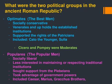 What were the two political groups in the ancient Roman Republic?