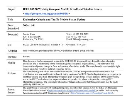 Evaluation Criteria and Traffic Models Status Update