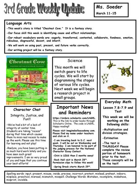 3rd Grade Weekly Update Ms. Soeder Important News and Reminders