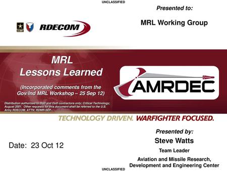 Lessons Learned MRL Date: 23 Oct 12 MRL Working Group Steve Watts