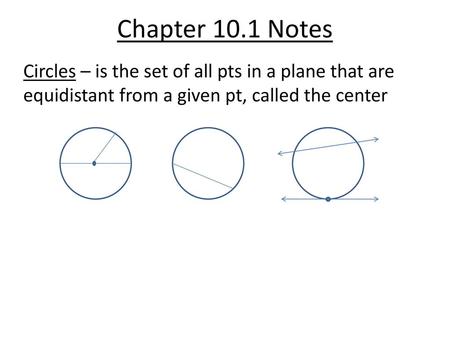 Chapter 10.1 Notes Circles – is the set of all pts in a plane that are equidistant from a given pt, called the center.