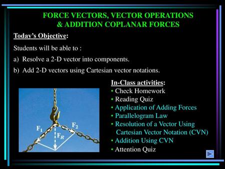 FORCE VECTORS, VECTOR OPERATIONS & ADDITION COPLANAR FORCES