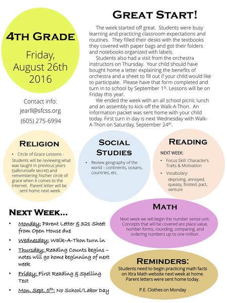 Great Start! 4th Grade Friday, August 26th 2016 Social Reading