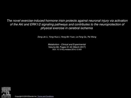 The novel exercise-induced hormone irisin protects against neuronal injury via activation of the Akt and ERK1/2 signaling pathways and contributes to.