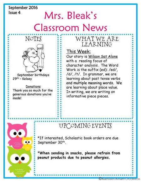 Mrs. Bleak’s Classroom News This Week: September 2016 Issue 4