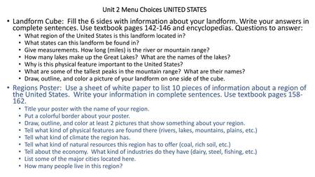 Unit 2 Menu Choices UNITED STATES