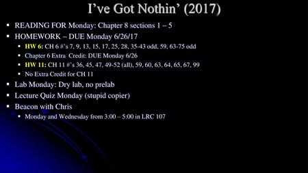 I’ve Got Nothin’ (2017) READING FOR Monday: Chapter 8 sections 1 – 5