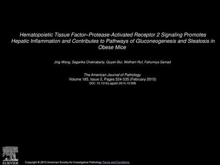 Hematopoietic Tissue Factor–Protease-Activated Receptor 2 Signaling Promotes Hepatic Inflammation and Contributes to Pathways of Gluconeogenesis and Steatosis.