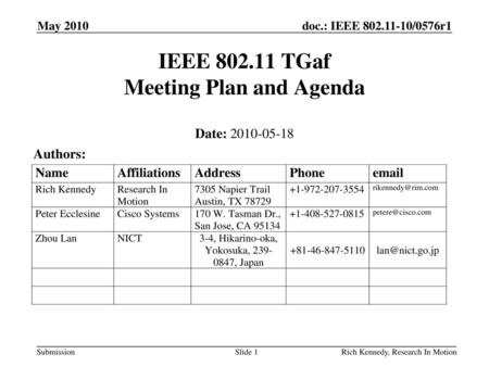 IEEE TGaf Meeting Plan and Agenda