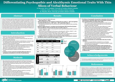 Differentiating Psychopathic and Alexithymic Emotional Traits With Thin Slices of Verbal Behaviour K. Kaseweter, M.Sc. Candidate, University of Northern.