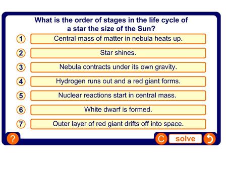 Teacher notes This ordering activity could be used as a plenary or revision exercise on the lifecycle of small stars, and the difference between small.