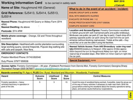 Working Information Card to be carried in safety sack