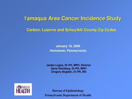 CANCER Carbon Co. Luzerne Schuylkill Pennsylvania TABLE 1. Distribution of Cancers by Type for Tamaqua Study Counties and Pennsylvania Based on