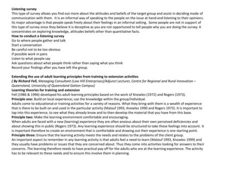 Listening survey This type of survey allows you find out more about the attitudes and beliefs of the target group and assist in deciding mode of communication.