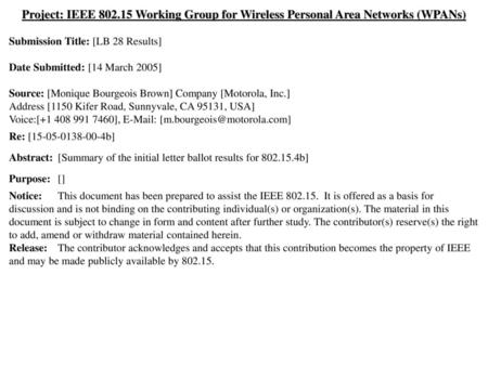 Submission Title: [LB 28 Results] Date Submitted: [14 March 2005]