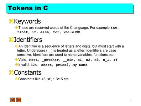 Tokens in C Keywords Identifiers Constants